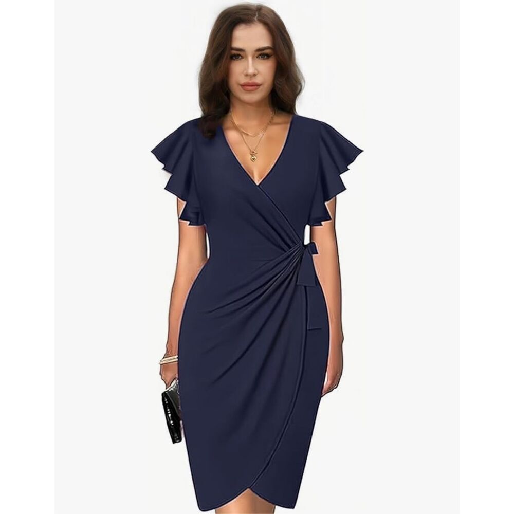 NEW Blue Deep V Neck Ruffle Sleeve Career Midi Dress L